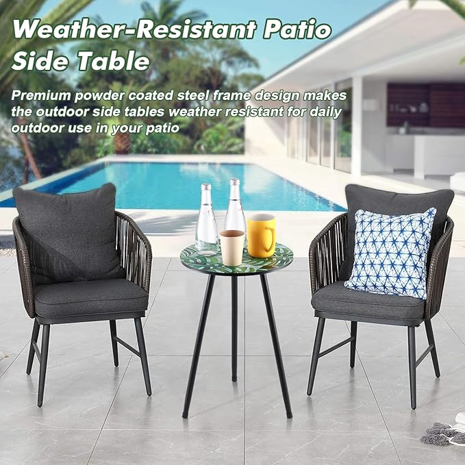 Metal Outdoor Side Tables Set of Two Small Outside Round End Table for Patio Modern Accent Garden Corner Table for Small Spaces, Balcony, Porch, Weather-Resistant, Plant Stand Indoor, Green Leaves