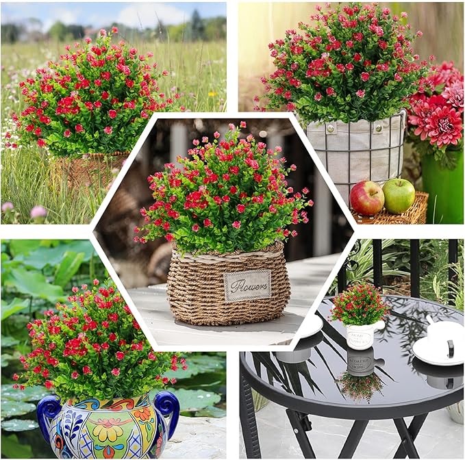 20 Bundles Artificial Flowers Outdoor Fake Flowers, UV Resistant No Fade Faux Plastic Greenery Shrubs Plants for Hanging Garden Porch Window Box Outside Decoration,Home Indoor Decor Red