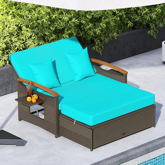 Tangkula Patio Rattan Daybed with 4-Level Adjustable Backrest, Outdoor Wicker Loveseat with Acacia Wood Armrest, Storage Ottoman & Folding Tray, Double Sunbed for Balcony, Yard & Poolside (Turquoise)