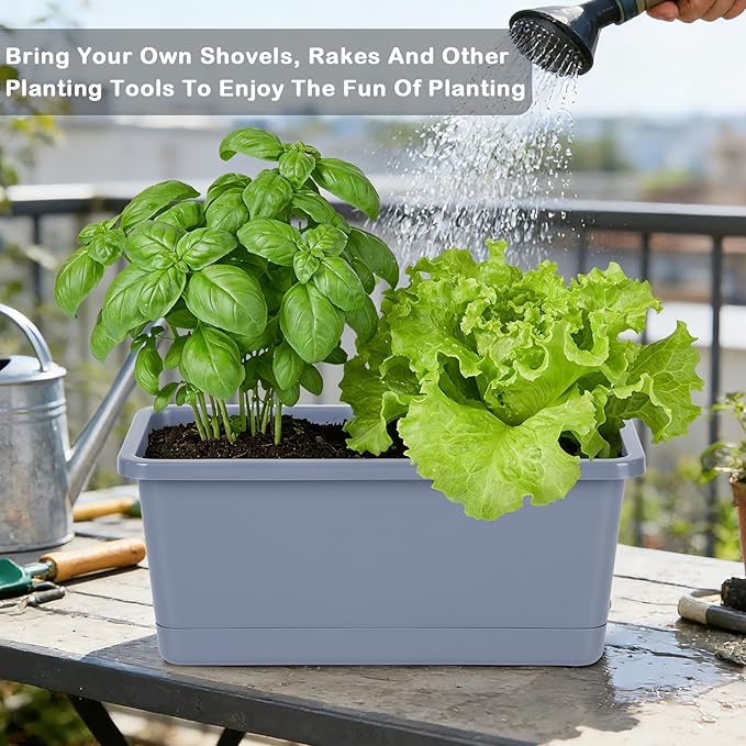 Window Box Planter 6 Packs, 13.8 Inches Rectangle Flower Pots with Drainage Holes & Trays, Pots for Vegetables, Herbs, Flowers, Garden Windowsill Balcony (Grey)