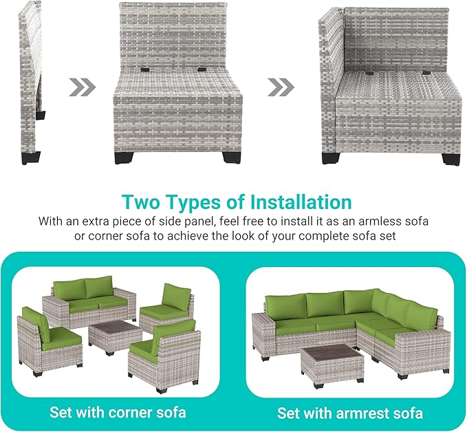 6-Piece Outdoor Patio Furniture Set Wicker Sectional Sofa Set, Patio Conversation Set with Thickened Cushions & Coffee Table for Garden, Backyard, Poolside, Avocado Green