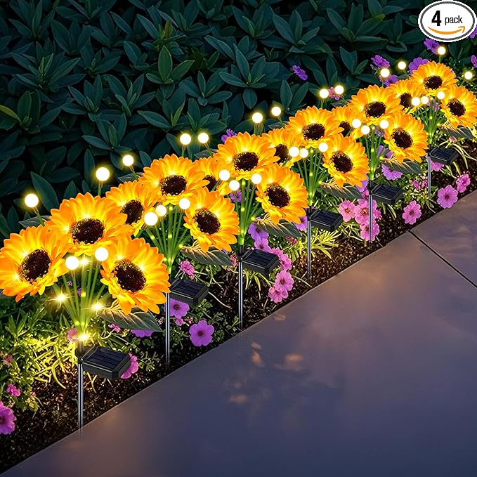 6 Pack Sunflower with Firefly Lights,Solar Lights Outdoor Garden Decor,Solar Flowers Lights Waterproof,Sunflowers Birthday Gifts for Mom Women,Decorative Stakes Fairy Lights for Yard Patio Lawn