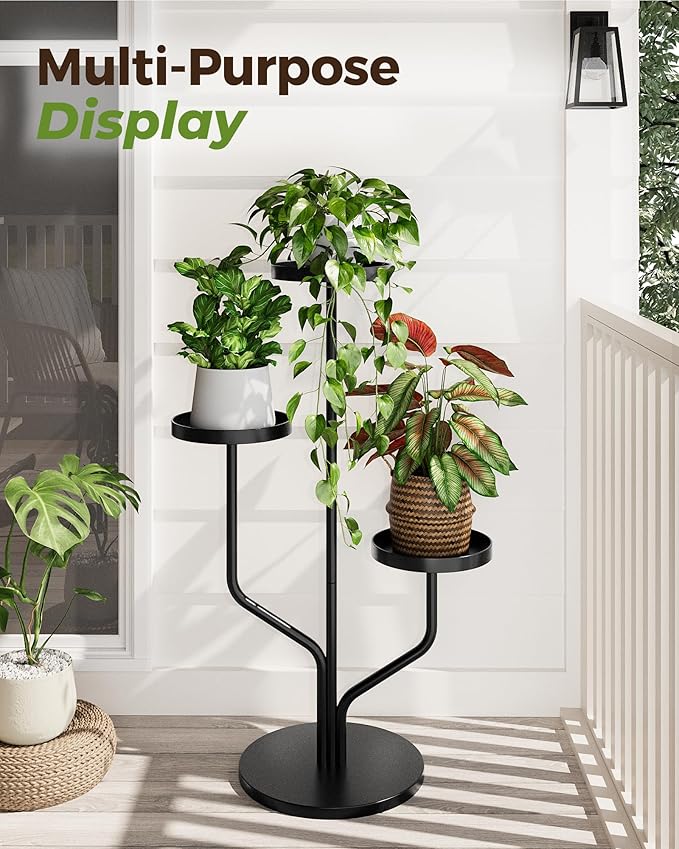 Bamworld 3 Tier Plant Stand Indoor Outdoor Metal Plant Shelf for Multiple Plants Pots Tier Tall Flower Holder for Living Room,Bedroom Decor,Balcony,Black