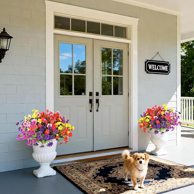 INQCMY Artificial Fake Petunias Flowers for Outdoors Spring Decoration, 12 Bundles Faux Plants Outdoor UV Resistant Realistic Silk Flower for Outside Planters Patio Porch Yard Window Box