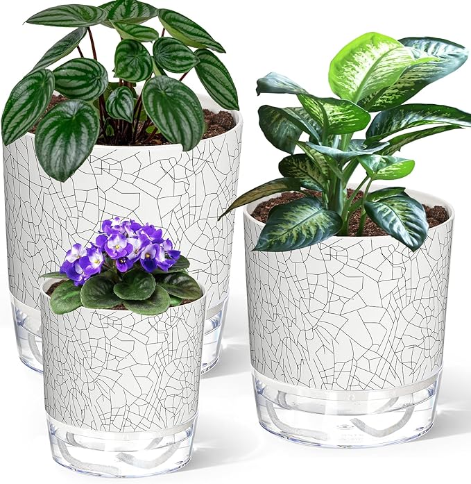 3 Pack Self Watering Pots for Indoor Plants, 4+5.5+6.3 Inch Self Watering Plant Pots, Flower Pots with Wick Rope and Reservoir - Crack Texture
