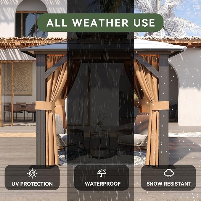 Aoxun 8'x8' Hardtop Gazebo, Aluminum Frame Permanent Pavilion with Curtains and Netting, Outdoor Polycarbonate Double Roof Canopy, Designed for Garden, Lawns, Patio, Brown