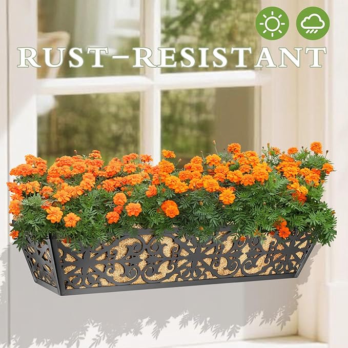2 Pack 30 Inch Window Boxes Planters Railing Planter Box with Adjustable Brackets & Coco Liners Fabric Plant Grow Bags Deck Railing Planter Boxes Balcony Hanging Flower Box for Outdoor Plants