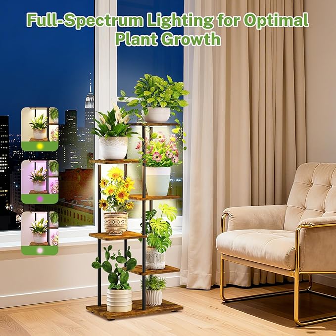 iDavosic.ly 5 Tier Plant Stand Indoor with Light, Tiered Corner Metal Wood Multiple Flower Holder Shelf, 42 Inch Tall Orchid Display Grow Rack for Living Room Bedroom, Modern Black & Rustic Brown