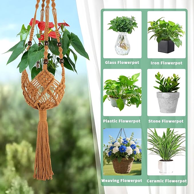 Augshy Jute Crochet Macrame Plant Hangers with Hooks, 2 Pack 35 Inch Natural Cotton Boho Indoor Outdoor Brown Planter Hanging Holder for Ceiling Balcony Porch Home Decor