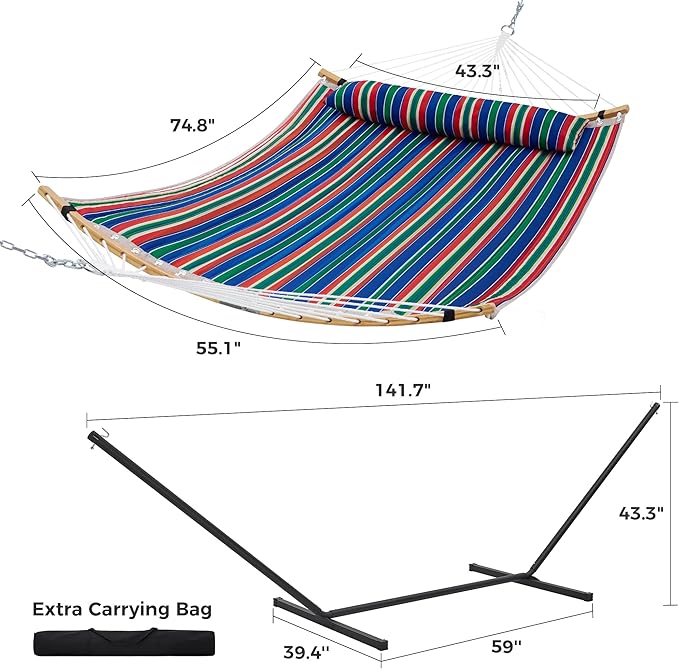 SUPERJARE Curved-Bar Hammock with Stand, 2 Person Heavy Duty Hammock Frame, Detachable Pillow & Portable Carrying Bag, Perfect for Outdoor & Indoor, Retro Blue and Green
