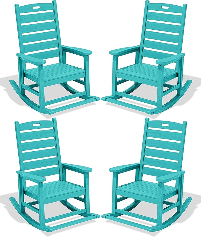 SERWALL Outdoor Rocking Chair Set of 4, Oversized HDPE Patio Rocking Chair with Footrest for Adults, All Weather Porch Rocker for Deck Patio Balcony, Aruba