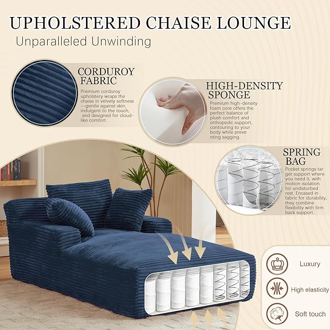 80 Inch Chaise Lounge Chair Indoor, Oversized Corduroy Upholstered Boneless Sofa Bed, Deep Seat Sleeper Couch Reading Chairs, Cloud Sofas Couches for Living Room, No Assembly Required (Blue)