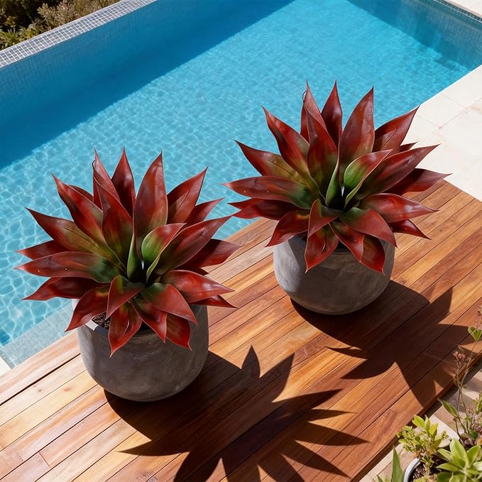 Ivydale Fake Plants 18 Inch Agave Artificial Plants Outdoor 2 PCS for Outside Decoration, Faux Greenery UV Resistant Artificial Outdoor Plants for Front Door Porch Planter Urn Patio Garden Yard(Red)