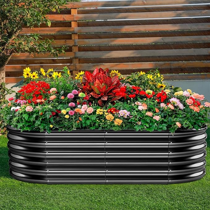 Land Guard 18“ Tall 4×2ft Galvanized Raised Garden Bed Kit, Galvanized Planter Garden Boxes Outdoor, Oval Large Metal Raised Garden Bed for Vegetables……… (Dark Grey, 4×2×1.5ft)
