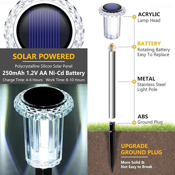 Solar Pathway Lights 10 Pack Christmas Solar Lights Outdoor Waterproof 6000K Cold White Yard Lighting, LED Stainless Steel Stake for Garden Outside Landscape Lawn Driveway Walkway Path