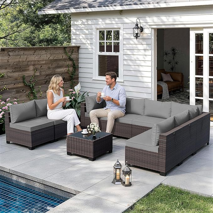 ALAULM Patio Furniture Set with Coffee Table, 9 Pieces Outdoor Sectional with Wide Seat and Thick Cushion, All Weather Wicker Rattan Conversation Set for Backyard, Garden, Deck, Grey