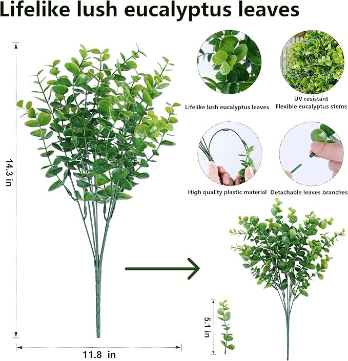 Artificial Faux Outdoor Plants for Spring Summer Decoration, 12 Bundles Fake Plastic Eucalyptus UV Resistant Look Real Fake Plants for Planter Outside Front Door Porch Patio Balcony Garden Indoor Yard