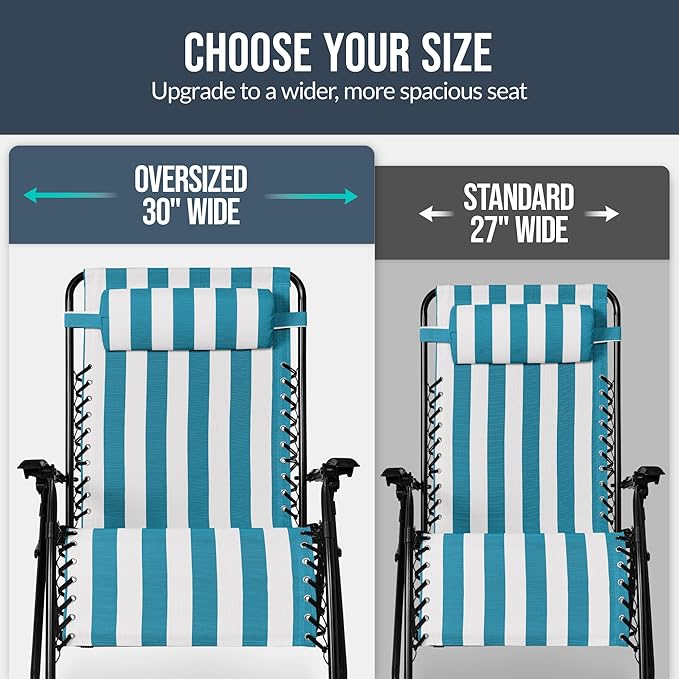 Best Choice Products Set of 2 Extra Wide Adjustable Steel Mesh Zero Gravity Lounge Chair Recliners w/Pillows and Cup Holder Trays - Peacock Blue Stripes