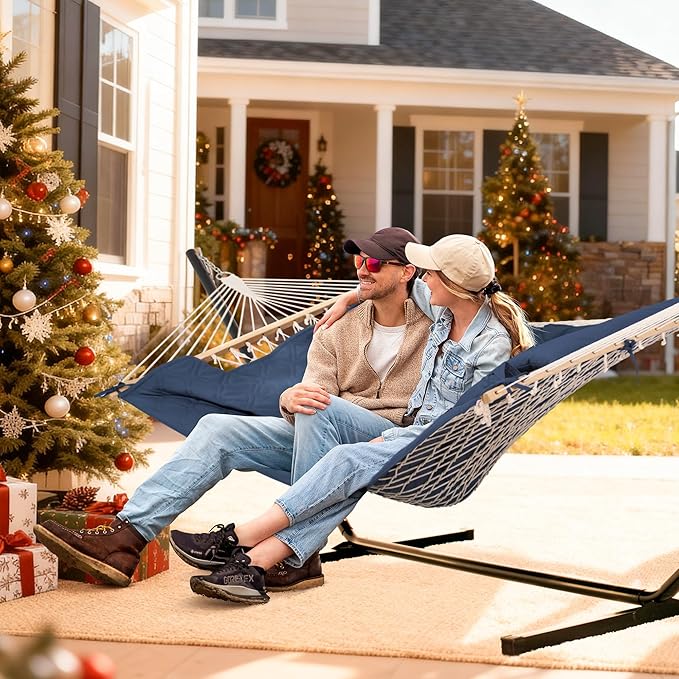 SUNCREAT Two Person Hammock with Stand, Heavy Duty Backyard Hammock and Stand, Navy Drops
