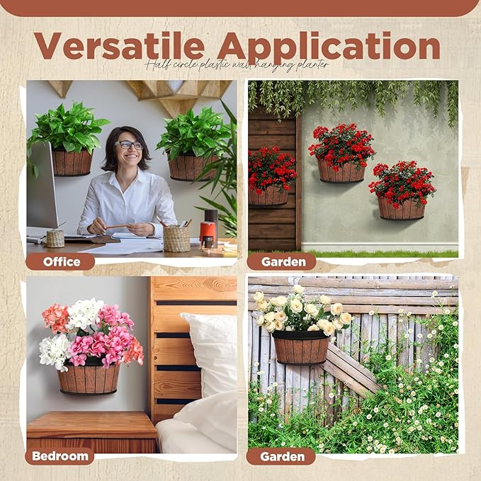 Layhit 6 Pcs Wall Hanging Planters Outdoor Pot Planter Wine Barrel Planter Distressed Oak Thickened Plastic Water Storage Flower Pots for Flower Indoor Outdoor(13.78 Inches,Brown)