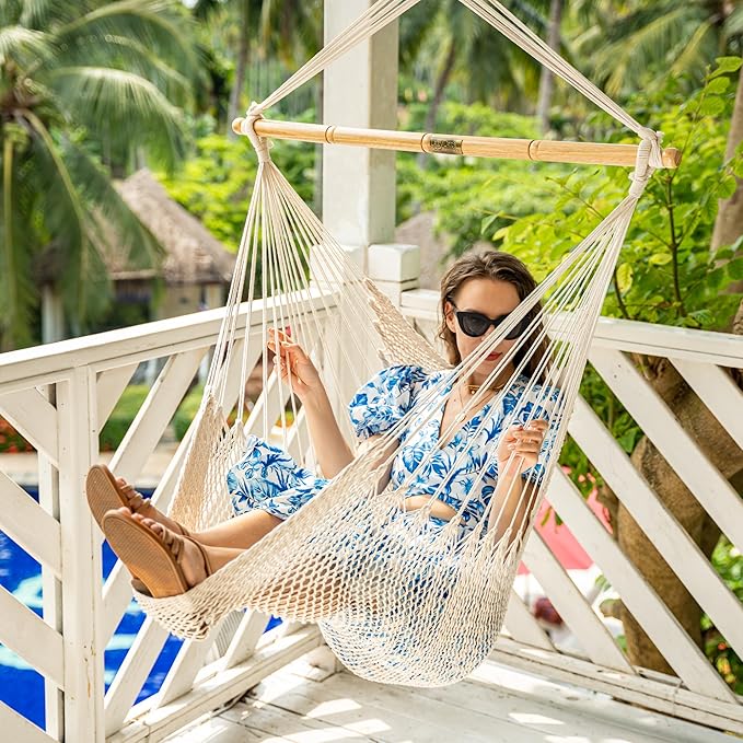 Lazy Daze Hammocks Chair Caribbean Hanging Rope Weaving Chair with 40" Hardwood Spreader Bar and Soft-Spun Cotton Rope for Indoor/Outdoor Backyard & Living Room, Max 300 LBS, Natural