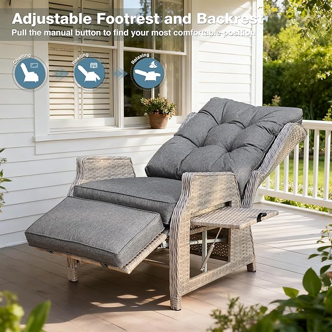 Outdoor Recliner with Adjustable Back and Footrest, Patio 150° Lay Flat Recliner with Flip Table Wicker Reclining Lounge Chair, Grey with Beige Wicker 2PCS