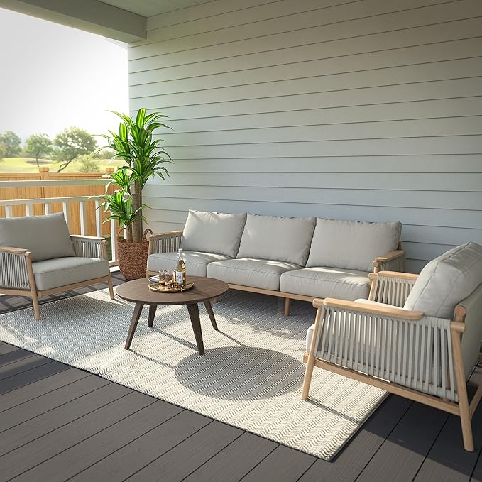 Acanva Modern All-Weather Aluminum Outdoor Patio Sofa with Thick Cushions, Olefin Fabric Sunroom Backyard Furniture, 3 Piece Set (Couch & 2 Chairs)