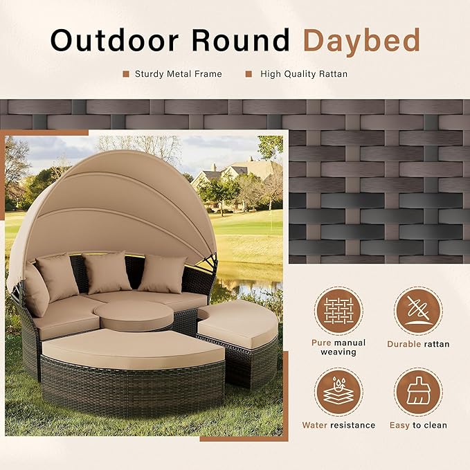 Crownland Outdoor Daybed with Retractable Canopy, Patio Round Daybed with Washable Cushions, Clamshell Sectional Seating, Wicker Furniture for Backyard, Patio, Garden, Pool (Light Brown)