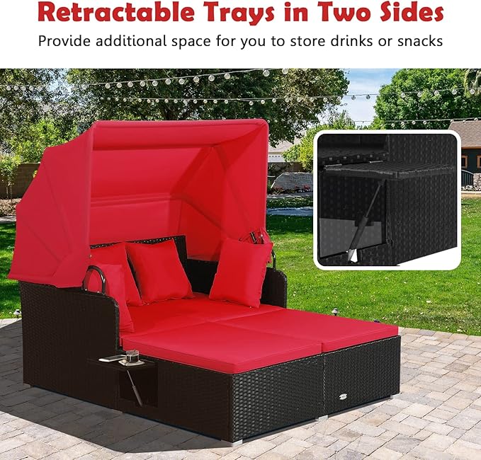 Tangkula Patio Rattan Daybed with Retractable Canopy, Outdoor Wicker Sunbed Lounger with 2 Foldable Side Tables, Thick Seat & Back Cushions, Outside Double Daybed for Garden, Backyard, Porch, Red