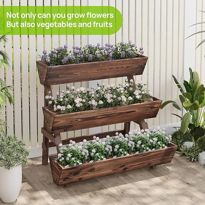 3-Tiers Wooden Raised Garden BedPlanter Box Gardening Outdoor Planter Box Patio Kit Tiered Planter Box Vertical Garden Planter Wood Plant Stand for Patio, Balcony, Freestanding (Carbonized L)
