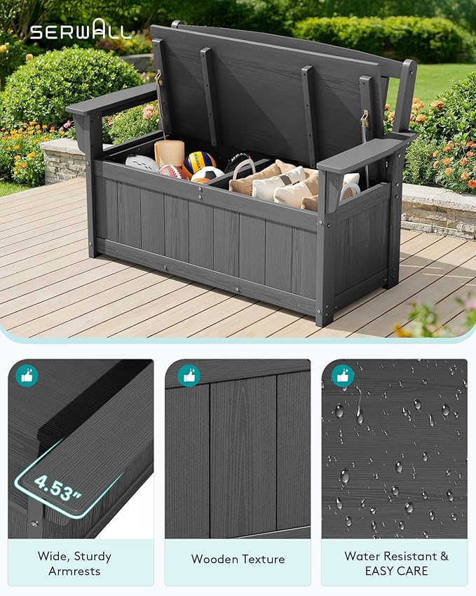 SERWALL HDPE Outdoor Storage Bench, All-Weather, UV-Resistant Deck Box with Waterproof Storage Bags, 57 Gallon Dual-Use Seat & Organizer Deck Boxes for Patio, Garden Tools & Pool (Gray)