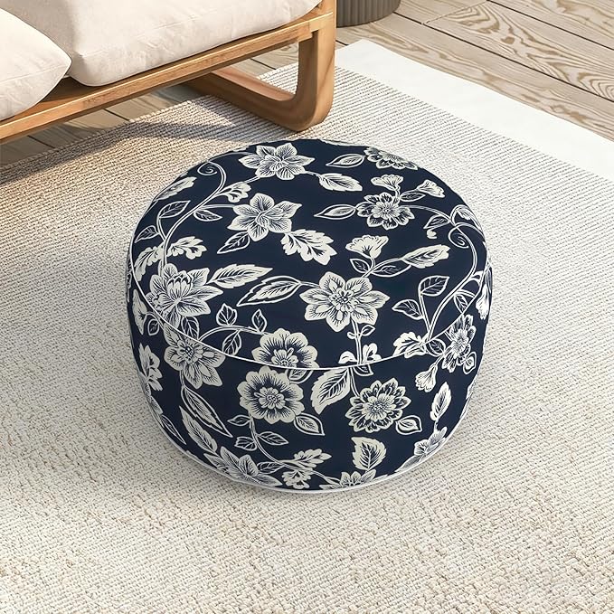 LVTXIII Indoor/Outdoor Extra Large Inflatable Ottoman Pouf D31 x H14 Inch, Round Footstool with Handle, Weather-Resistant Portable Furniture for Patio, Camping, Beach, Elegant Vines Navy
