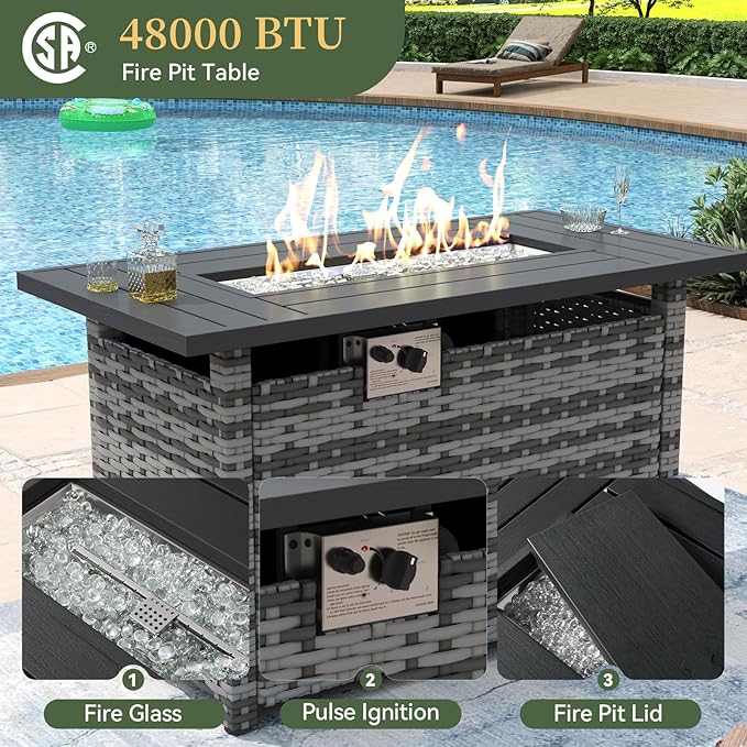 Aoxun 15 Piece Patio Furniture Set with 44” Fire Pit Table Wicker Rattan Outdoor Sectional Sofa Set with Coffee Table and Thickened Cushions, Grey/Blue (Waterproof Cover Included)
