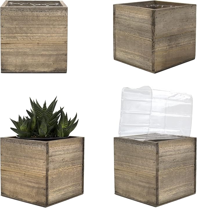CYS EXCEL Cube Planter Box with Removable Plastic Liner (5"x5"x5")(4 PCS) | Multiple Size Choices Wood Square Planter | Indoor Decorative Window Box