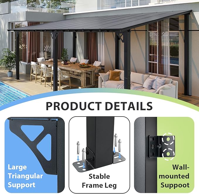 Aoxun 20'x10' Gazebo for Patio, Premium Pergola with Sloped Roof, Large Wall-Mounted Heavy Duty Awnings, for Backyard, Patio, Deck and More