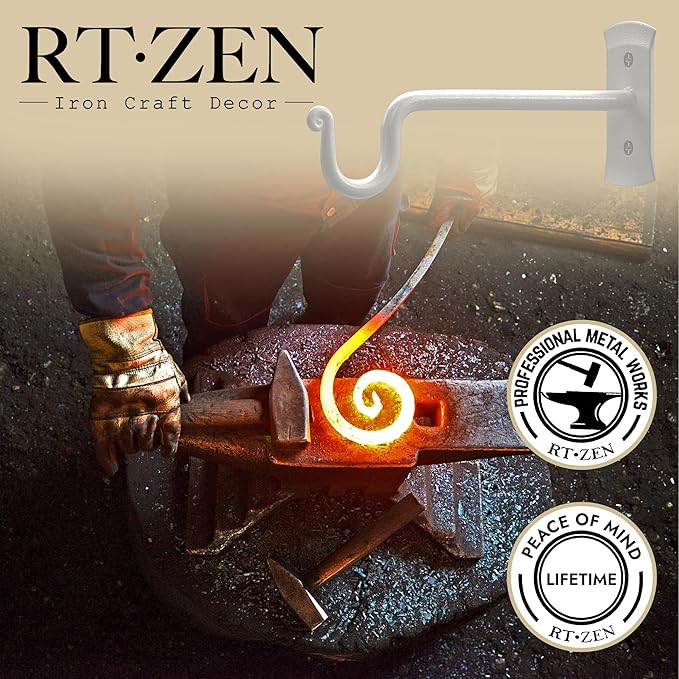 RTZEN Plant Hangers Indoor or Outdoor - Wrought Iron Metal Hanger Indoor Hook - Heavy Duty Wall Bracket Hooks for Hanging Plants Baskets Lanterns Wind Chimes - 2 Pack (White Shepherds Hooks 7.5")