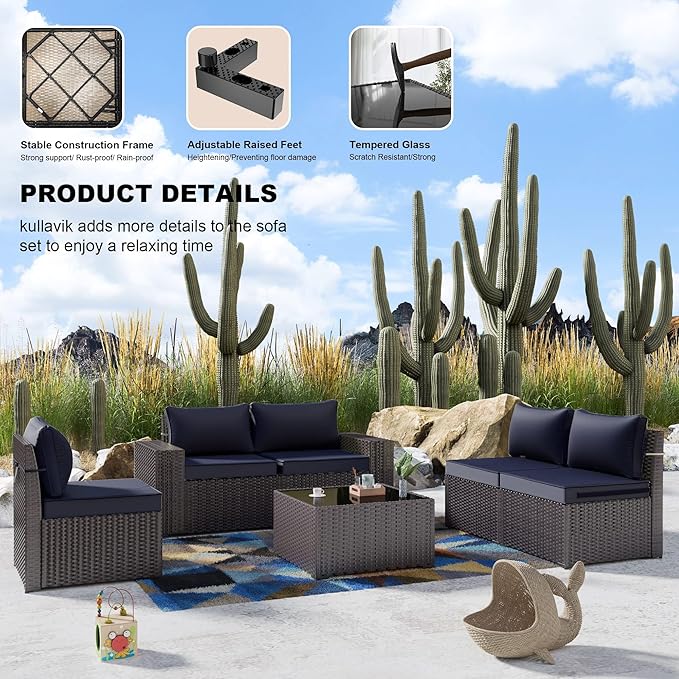Kullavik 9 Pieces Outdoor Patio Furniture Set,PE Wicker Rattan Sectional Sofa Patio Conversation Sets with Swivel Rocking Chairs Set,Navy Blue
