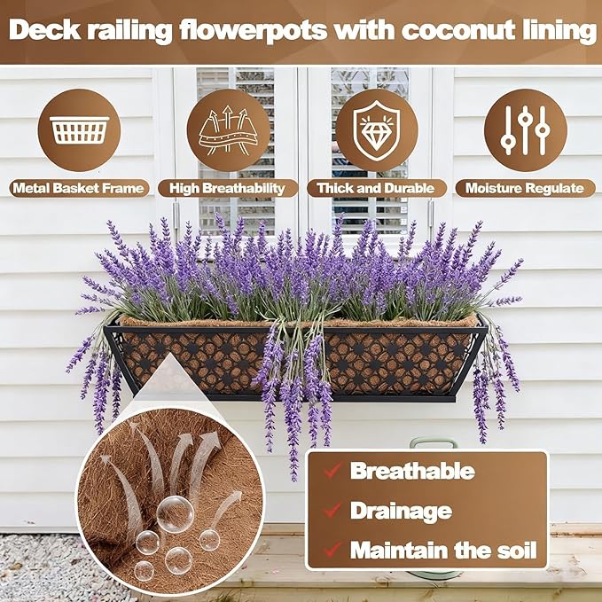 24 Inch Window Box Planters Outdoor,Deck Railing Planter Boxes with Coco Liner,Metal Hanging Window Flower Boxes for Balcony Fence Porch Garden Railing
