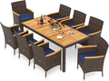 Tangkula 9 Pieces Rattan Outdoor Dining Set for 8, Outdoor Acacia Wood Table Set with 8 Cushioned Wicker Chairs, Umbrella Hole, Patio Dining Furniture Set for Deck Pool Backyard