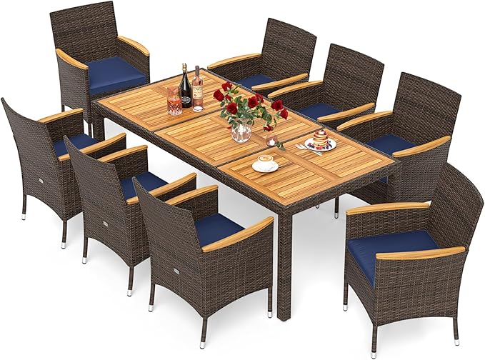 Tangkula 9 Pieces Rattan Outdoor Dining Set for 8, Outdoor Acacia Wood Table Set with 8 Cushioned Wicker Chairs, Umbrella Hole, Patio Dining Furniture Set for Deck Pool Backyard