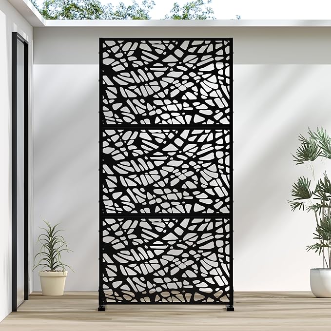 Casaphoria Metal Privacy Screen Outdoor, 72" H x 35" W Freestanding Decorative Privacy Screen for Patio Deck Balcony Garden with Stable Base, Black-Net