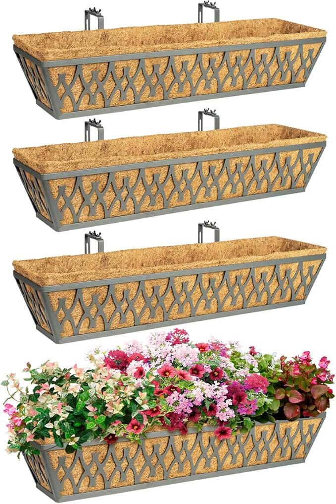 4 Pack 30 Inch Window Boxes Planters Railing Planter Box with Adjustable Brackets for Porch Fence Patio Balcony Hanging Flower Baskets with Coco Liners for Outdoor Garden Decor - Dark Grey