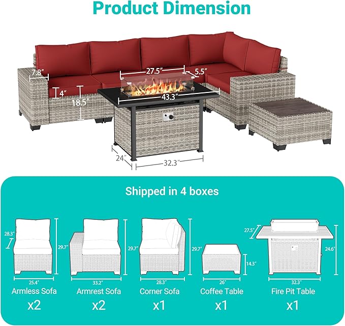 7-Piece Outdoor Patio Furniture Set with 55,000 BTU Fire Pit Table, PE Wicker Rattan Sectional Sofa Patio Conversation Set with Thickened Cushions & Coffee Table, Red