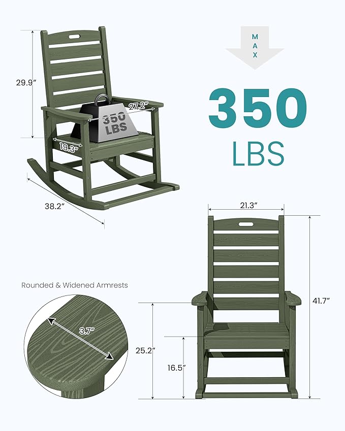 SERWALL Outdoor Rocking Chair Set of 4, Oversized HDPE Patio Rocking Chair with Footrest for Adults, All Weather Porch Rocker for Deck Patio Balcony, Avocado Green