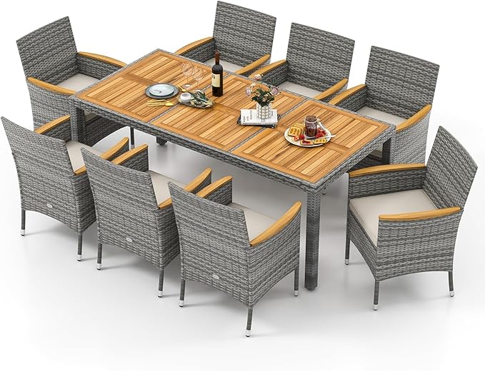 Tangkula 9 Pieces Patio PE Wicker Dining Set, Outdoor Acacia Wood Table and Chairs for 8 with Cushions and 2" Umbrella Hole, Outdoor Dining Furniture Set for Deck, Garden and Yard (Mix Grey+White)