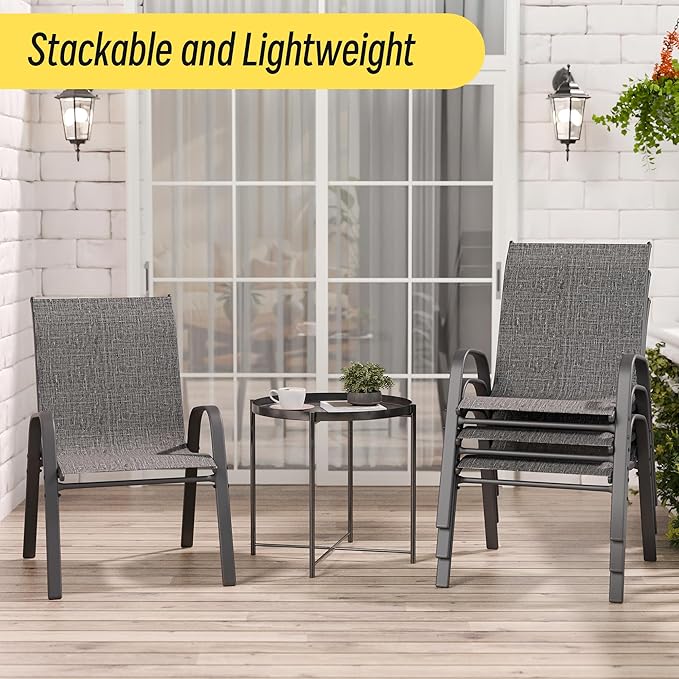 Betterhood Patio Chairs Set of 4, Stackable Outdoor Dining Chairs Set with Breathable Seat Fabric, All-Weather Powder-Coated Metal Frame for Deck, Pool Side and Backyard, 350LBS Capacity (Grey)