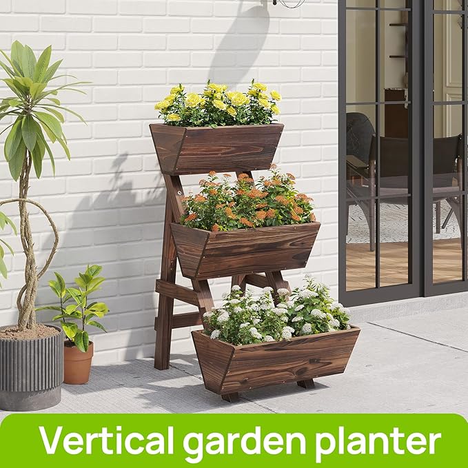 3-Tiers Wooden Raised Garden Bed Tiered Planter Box Flower Pots Vertical Garden Planter Wood Plant Stand Planter Kit for Vegetables Flowers Herbs for Patio Balcony Freestanding (Carbonized S)