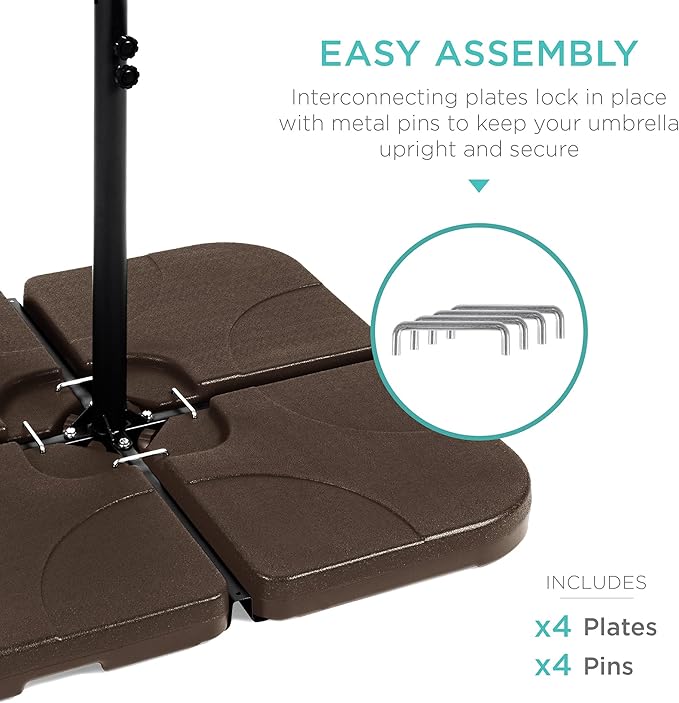 Best Choice Products 4-Piece 155lb Capacity Heavy-Duty Cantilever Offset Patio Umbrella Stand Square Base Plate Set w/Easy-Fill Spouts for Water or Sand - Brown