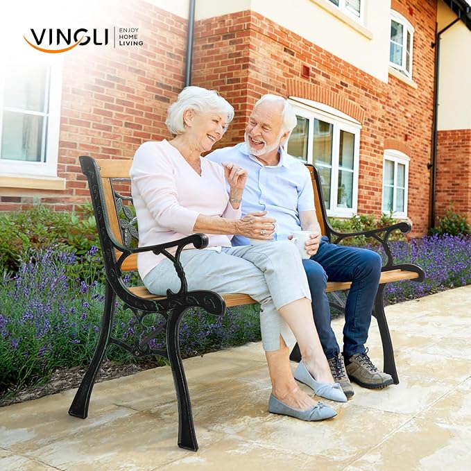 VINGLI Outdoor Bench Metal Garden Bench, Wood Patio Benches w/PVC Backrest Cast Iron Love Seat Park Benches for Porch Yard (Rose)