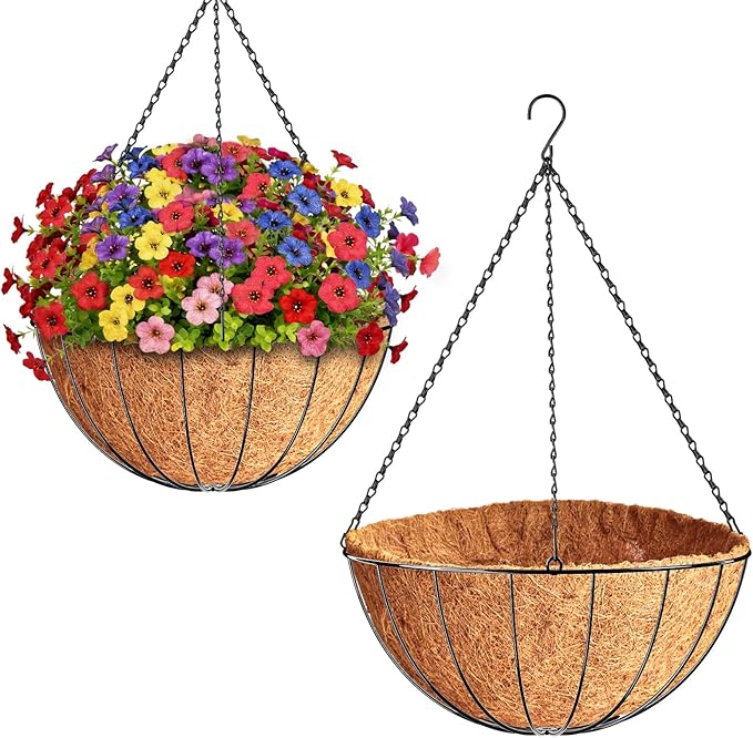 ZeeDix 2 Pack 18 Inch Large Hanging Baskets for Plants Outdoor with Coconut Liners Replacement, Hanging planters Baskets with Natural Coco Liner for Outdoor Indoor Planters Flowers Vegetables